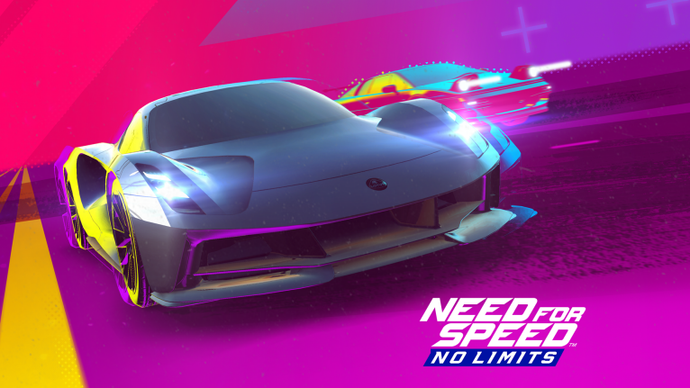 Need For Speed No Limits": "A sleek, high-performance race car zooming down a neon-lit city street in 'Need For Speed No Limits